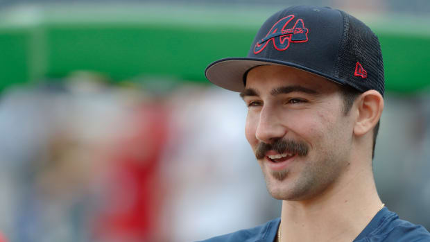 Aug 8, 2023; Pittsburgh, Pennsylvania, USA; Atlanta Braves pitcher Spencer Strider (99) looks on during batting practice before a game against the Pittsburgh Pirates at PNC Park.